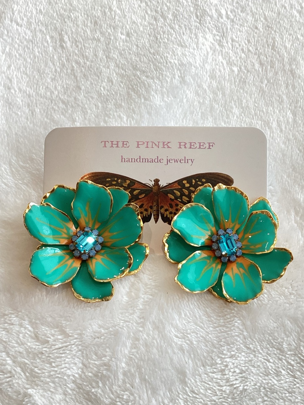 Anthropologie Pink Reef Handpainted Earrings New Turquoise Flowers Blue Stone